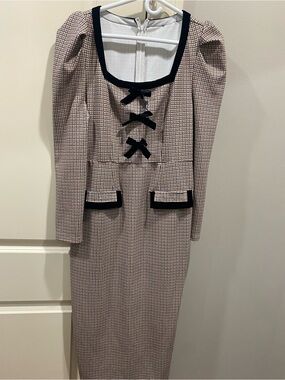 Checker Tweed Midi Dress with Black Trim and Bow Accents